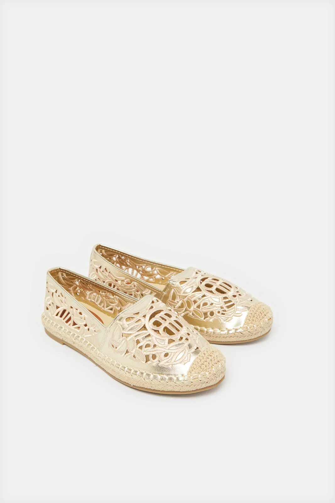 Women Gold Textured Cutout Espadrille