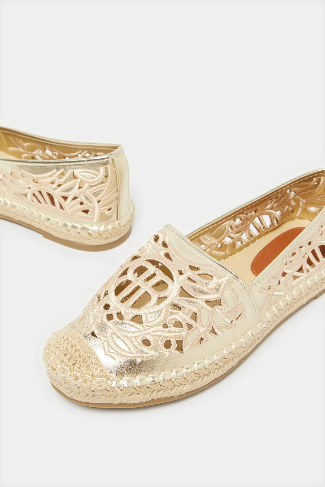Women Gold Textured Cutout Espadrille