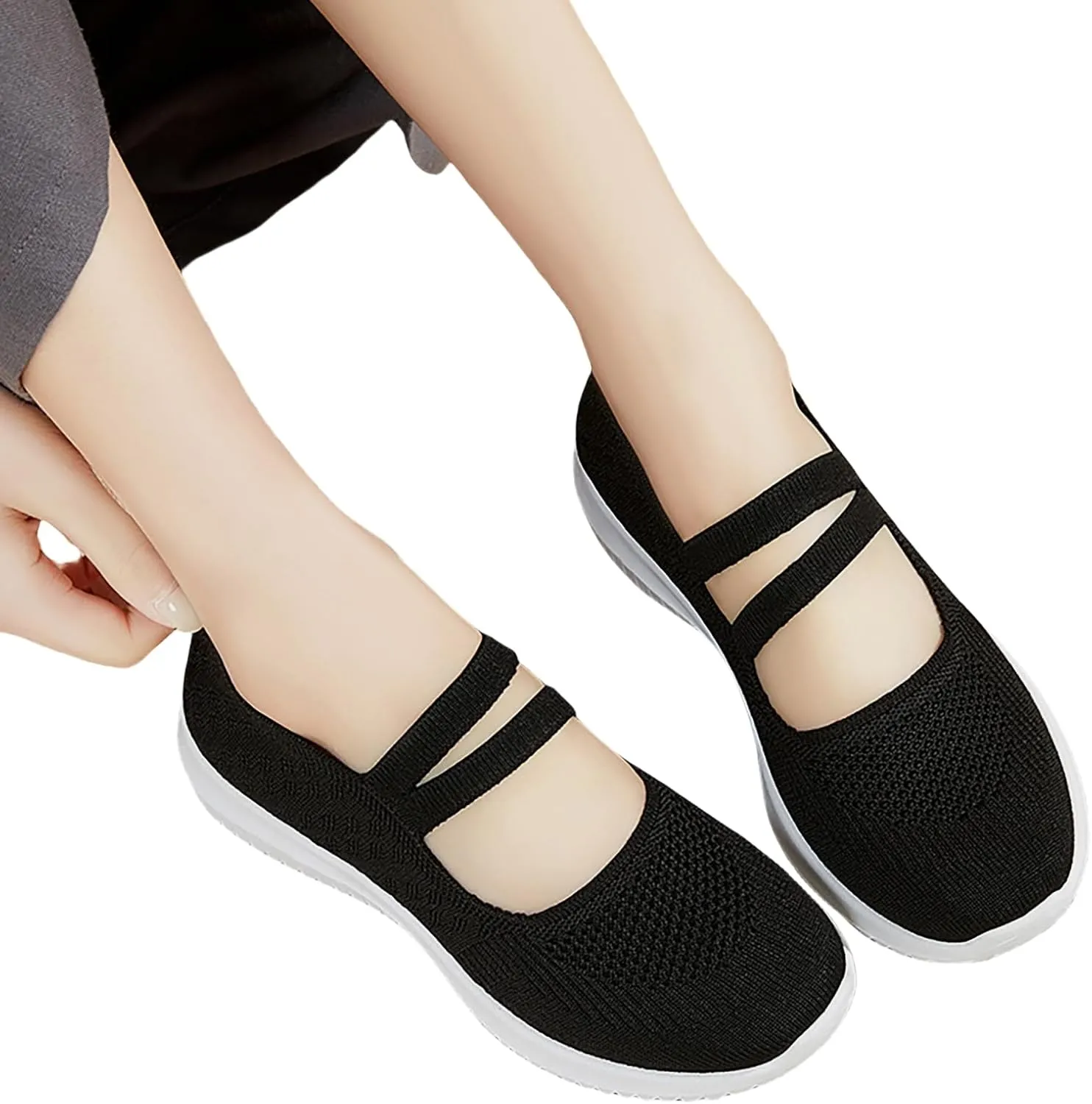 Women Mary Jane Walking Shoes Comfortable Knit Flats Slip on Dress Shoes for Women Casual Nurse Flats Diabetic Shoes with Arch Support