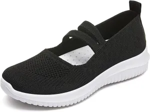 Women Mary Jane Walking Shoes Comfortable Knit Flats Slip on Dress Shoes for Women Casual Nurse Flats Diabetic Shoes with Arch Support