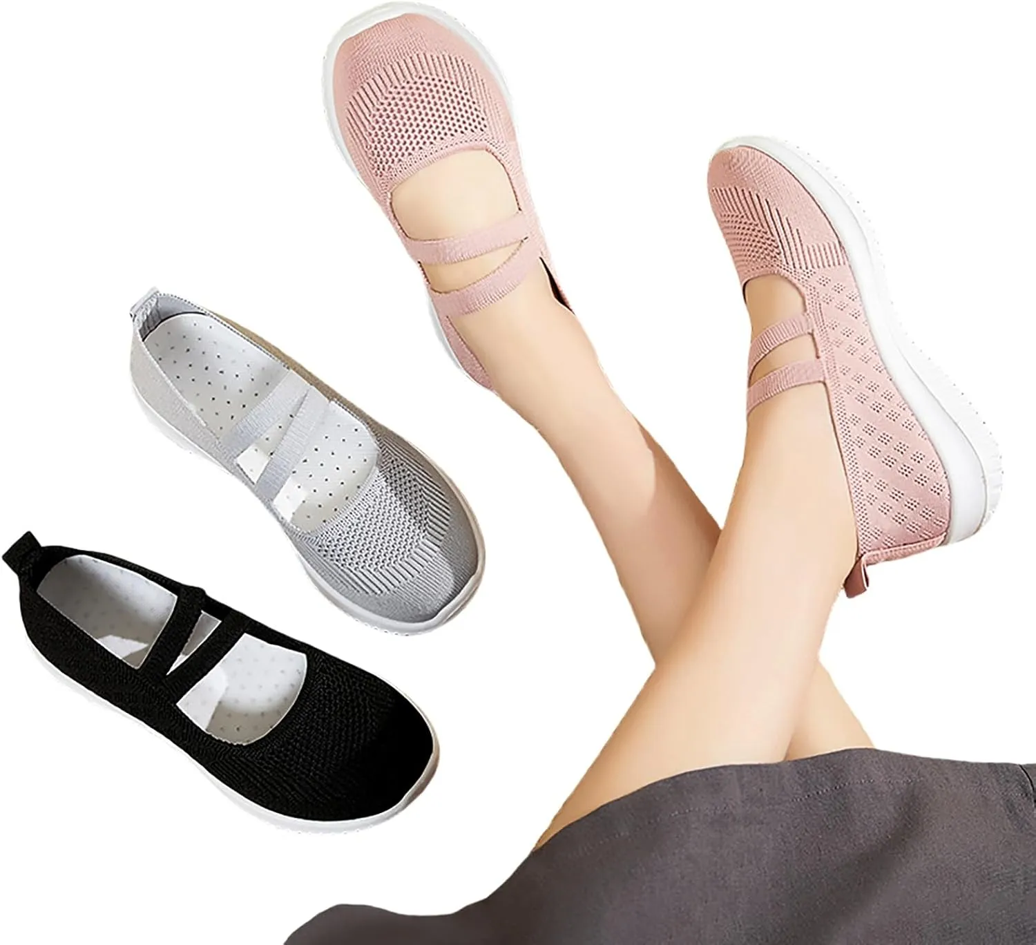 Women Mary Jane Walking Shoes Comfortable Knit Flats Slip on Dress Shoes for Women Casual Nurse Flats Diabetic Shoes with Arch Support