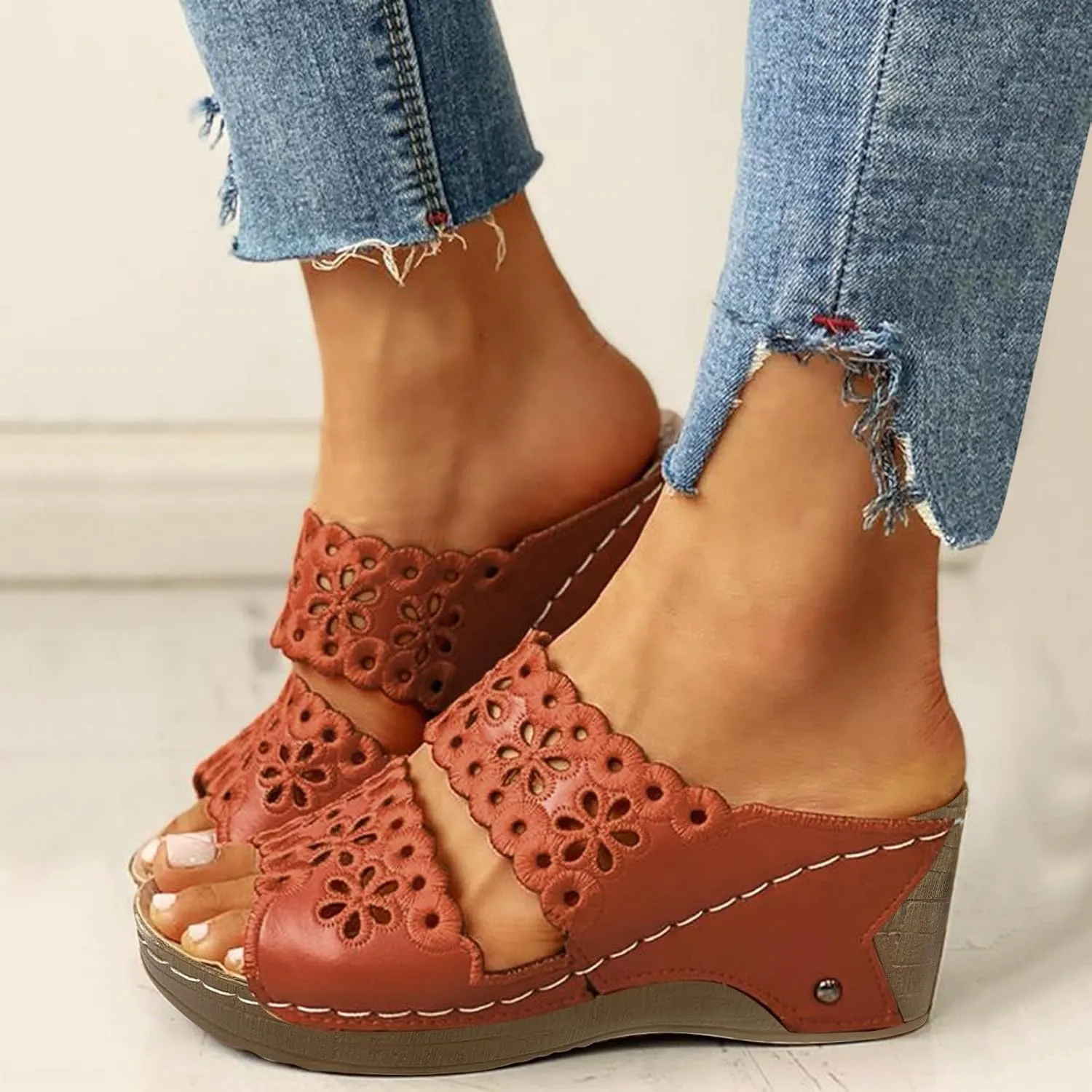Women Shoes Thick Soled Wedge Sandals Casual Fashion Hollow Embroidery Bohemian Sandals Comfortable Wedges for Women
