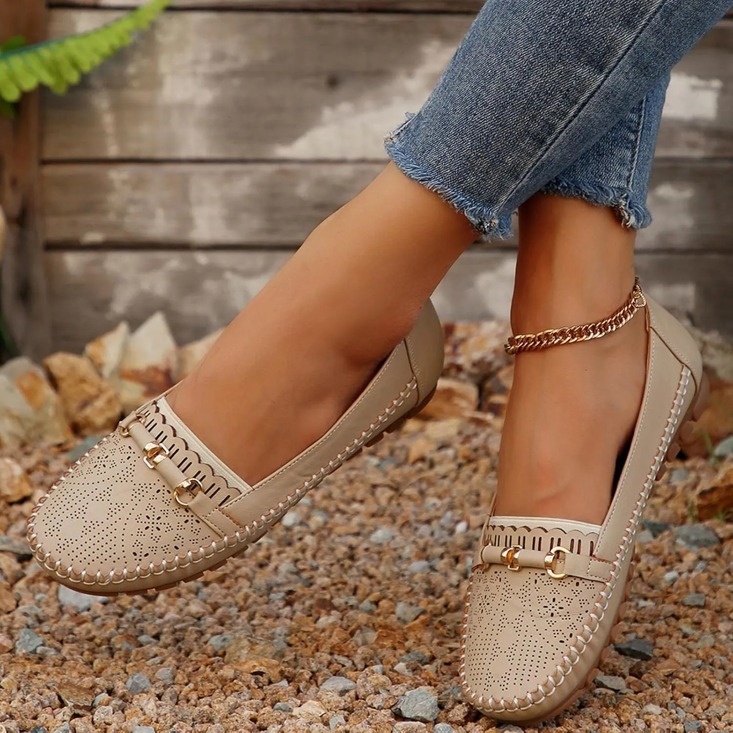 Women’s Ballet Flat Handmade Floral Hollow Round Toe Dress Shoes Casual Slip On Rope Loafer Flowers PU Leather Flats