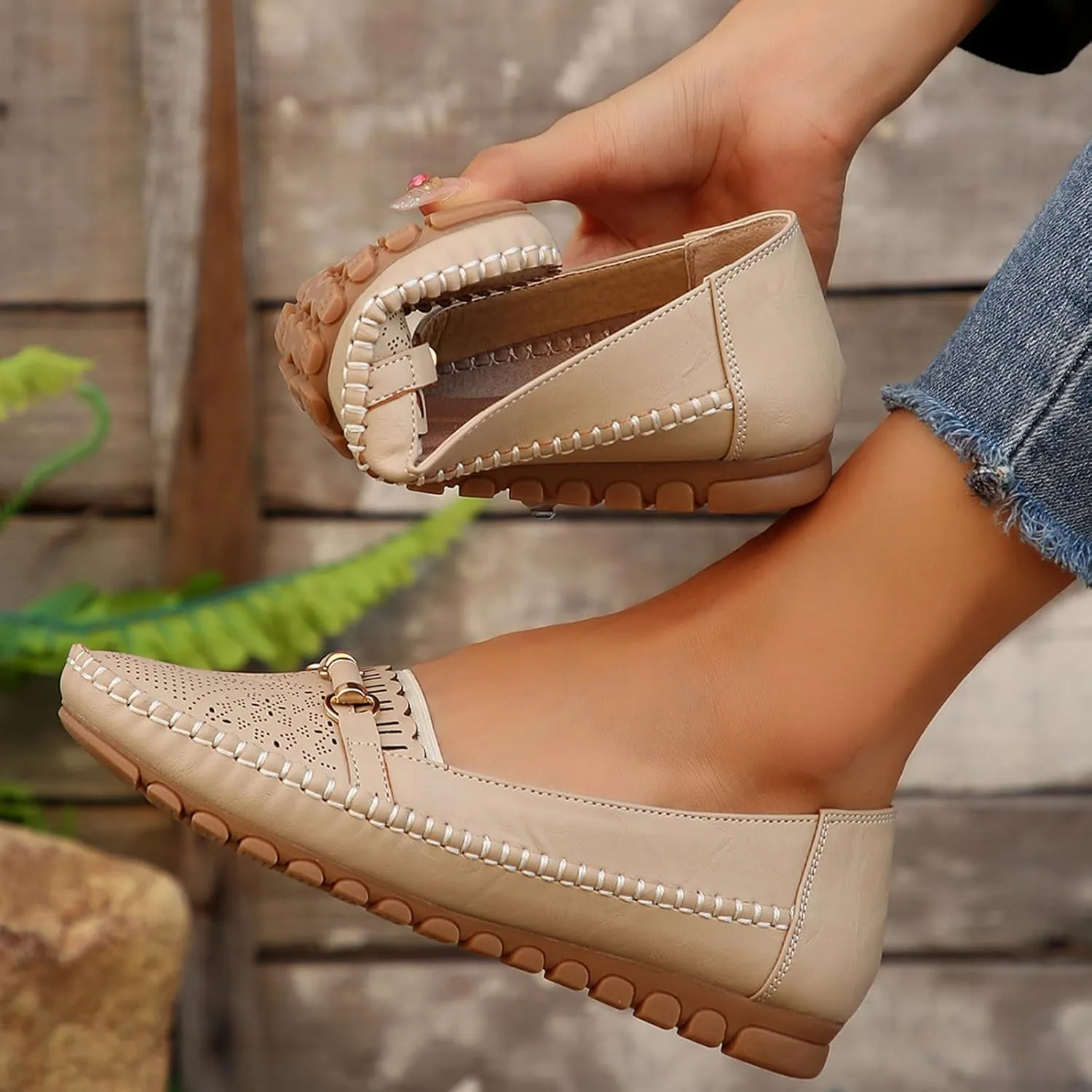 Women’s Ballet Flat Handmade Floral Hollow Round Toe Dress Shoes Casual Slip On Rope Loafer Flowers PU Leather Flats