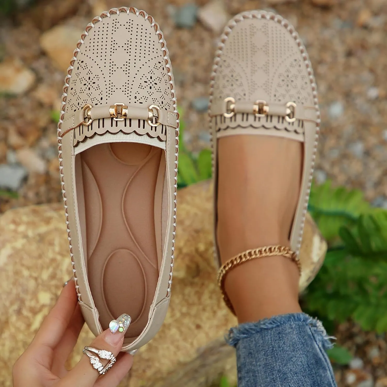 Women’s Ballet Flat Handmade Floral Hollow Round Toe Dress Shoes Casual Slip On Rope Loafer Flowers PU Leather Flats