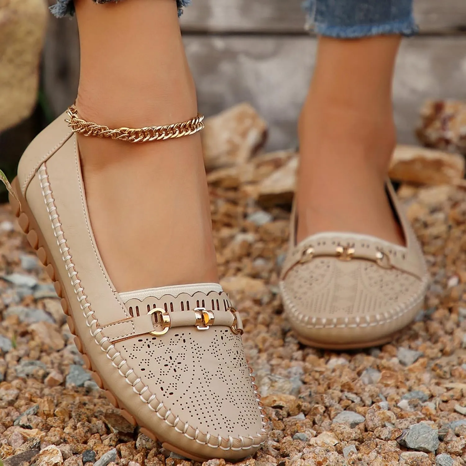 Women’s Ballet Flat Handmade Floral Hollow Round Toe Dress Shoes Casual Slip On Rope Loafer Flowers PU Leather Flats