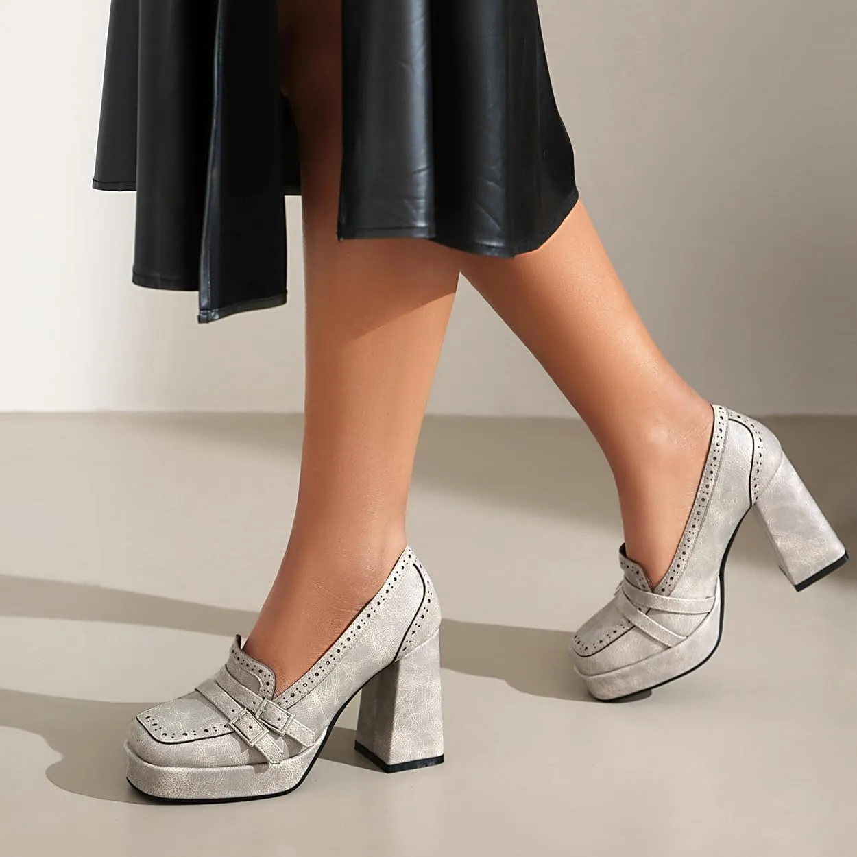 Women's Block High Heel Loafer Platform Chunky Double Buckle Square Toe Vintage Pumps Dress Shoes