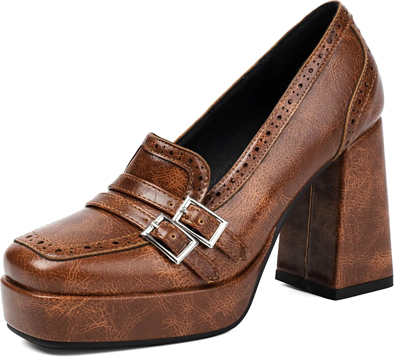 Women's Block High Heel Loafer Platform Chunky Double Buckle Square Toe Vintage Pumps Dress Shoes