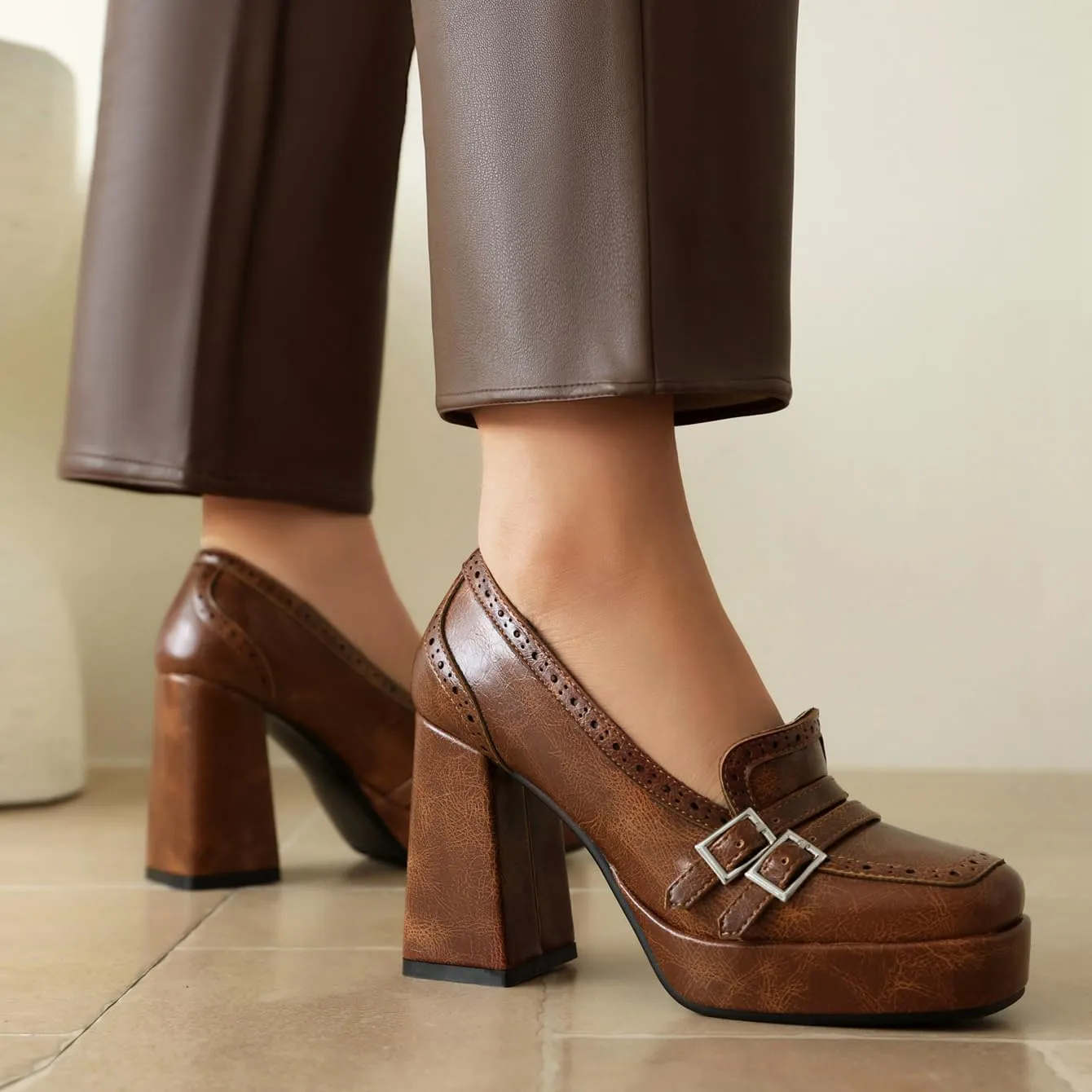 Women's Block High Heel Loafer Platform Chunky Double Buckle Square Toe Vintage Pumps Dress Shoes