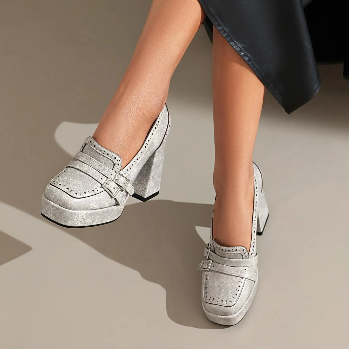 Women's Block High Heel Loafer Platform Chunky Double Buckle Square Toe Vintage Pumps Dress Shoes