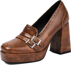 Women's Block High Heel Loafer Platform Chunky Double Buckle Square Toe Vintage Pumps Dress Shoes