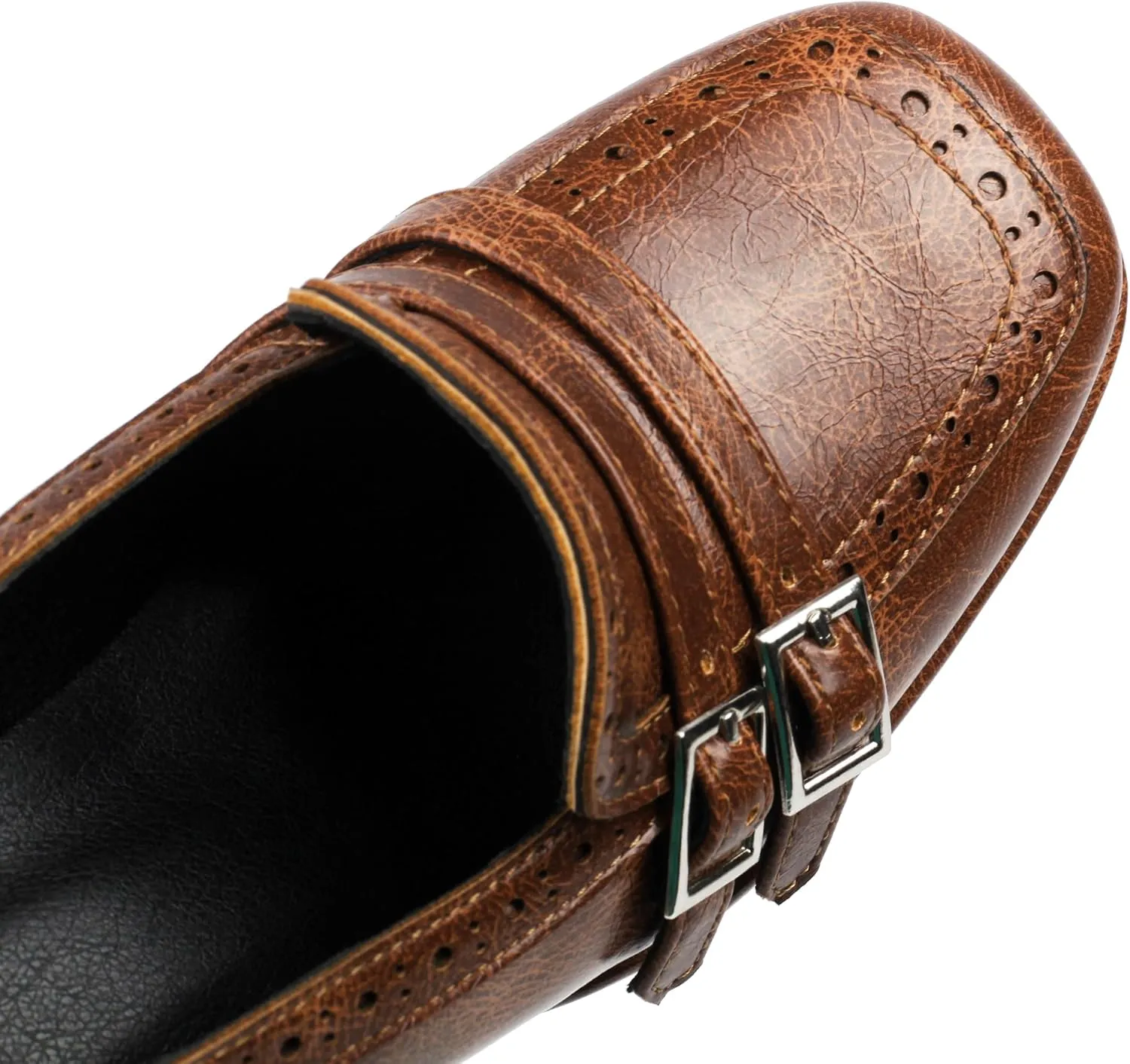 Women's Block High Heel Loafer Platform Chunky Double Buckle Square Toe Vintage Pumps Dress Shoes