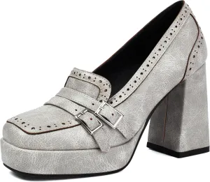 Women's Block High Heel Loafer Platform Chunky Double Buckle Square Toe Vintage Pumps Dress Shoes