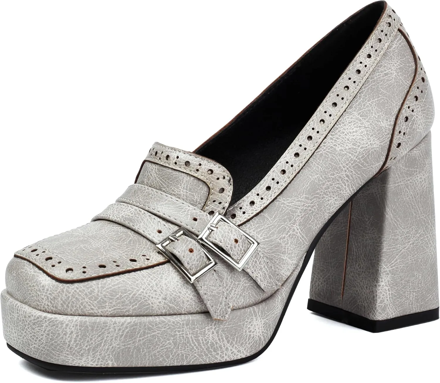 Women's Block High Heel Loafer Platform Chunky Double Buckle Square Toe Vintage Pumps Dress Shoes