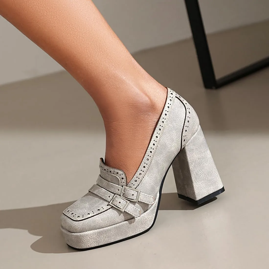 Women's Block High Heel Loafer Platform Chunky Double Buckle Square Toe Vintage Pumps Dress Shoes
