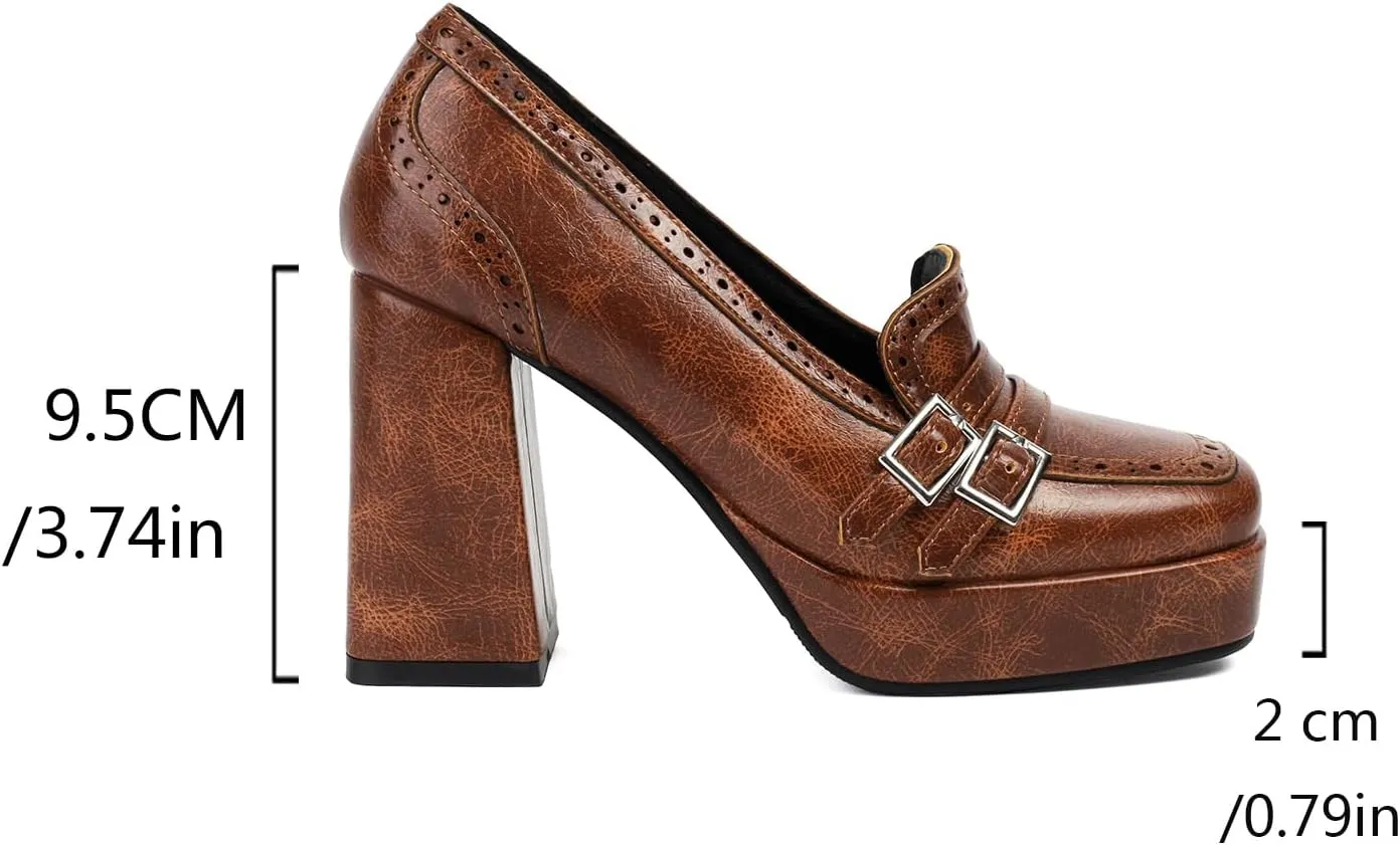 Women's Block High Heel Loafer Platform Chunky Double Buckle Square Toe Vintage Pumps Dress Shoes