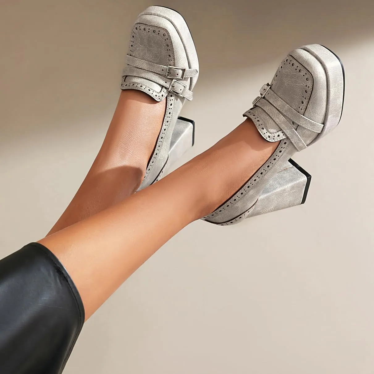 Women's Block High Heel Loafer Platform Chunky Double Buckle Square Toe Vintage Pumps Dress Shoes