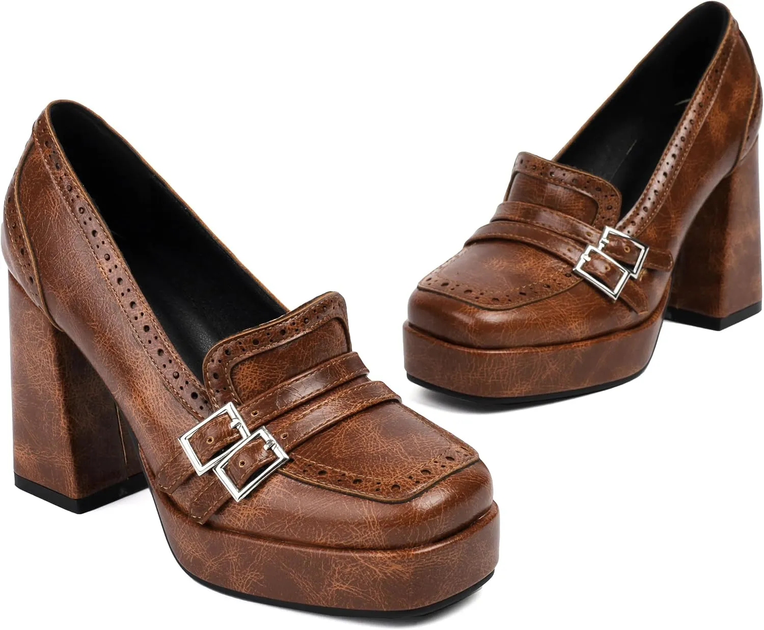 Women's Block High Heel Loafer Platform Chunky Double Buckle Square Toe Vintage Pumps Dress Shoes