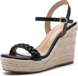 Women's Braided High Heels Wedge Sandals Open Toe Espadrille Summer Sandals with Buckled Ankle Strap Microfiber Leather Dressy Shoes