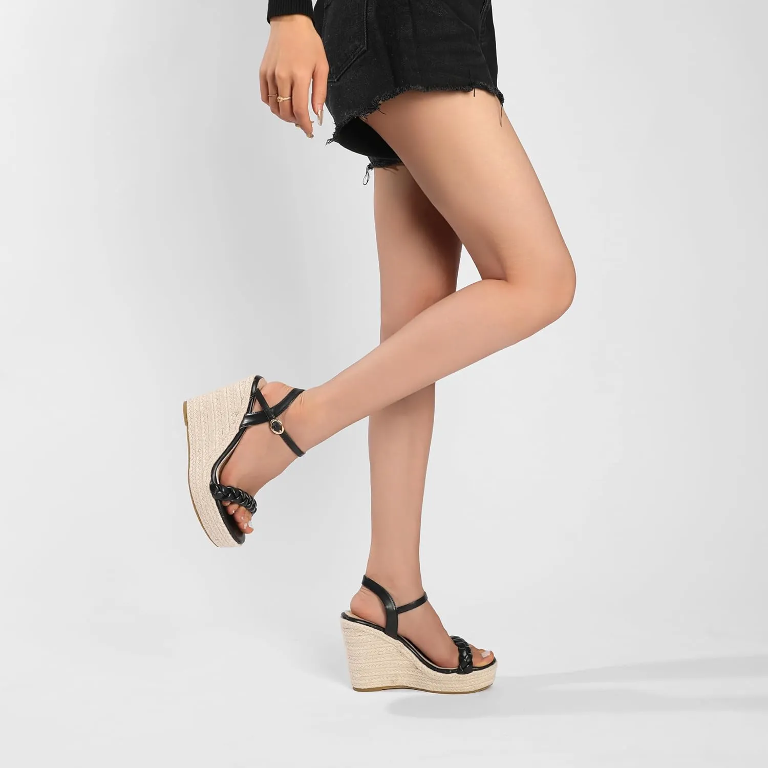 Women's Braided High Heels Wedge Sandals Open Toe Espadrille Summer Sandals with Buckled Ankle Strap Microfiber Leather Dressy Shoes