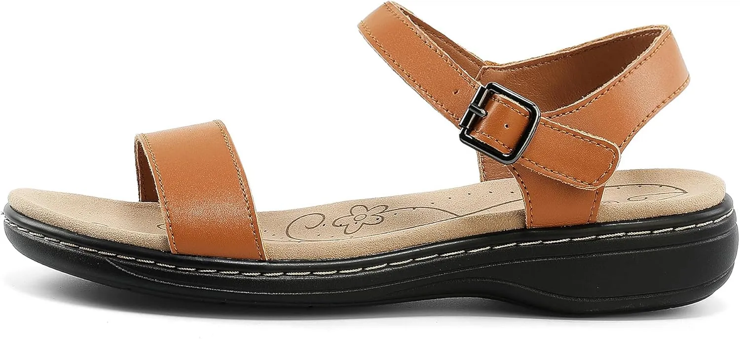Women's Classic Flat Sandals Leather Open Toes Memory Foam One Band Ankle Strap Adjustable Slip On Shoes