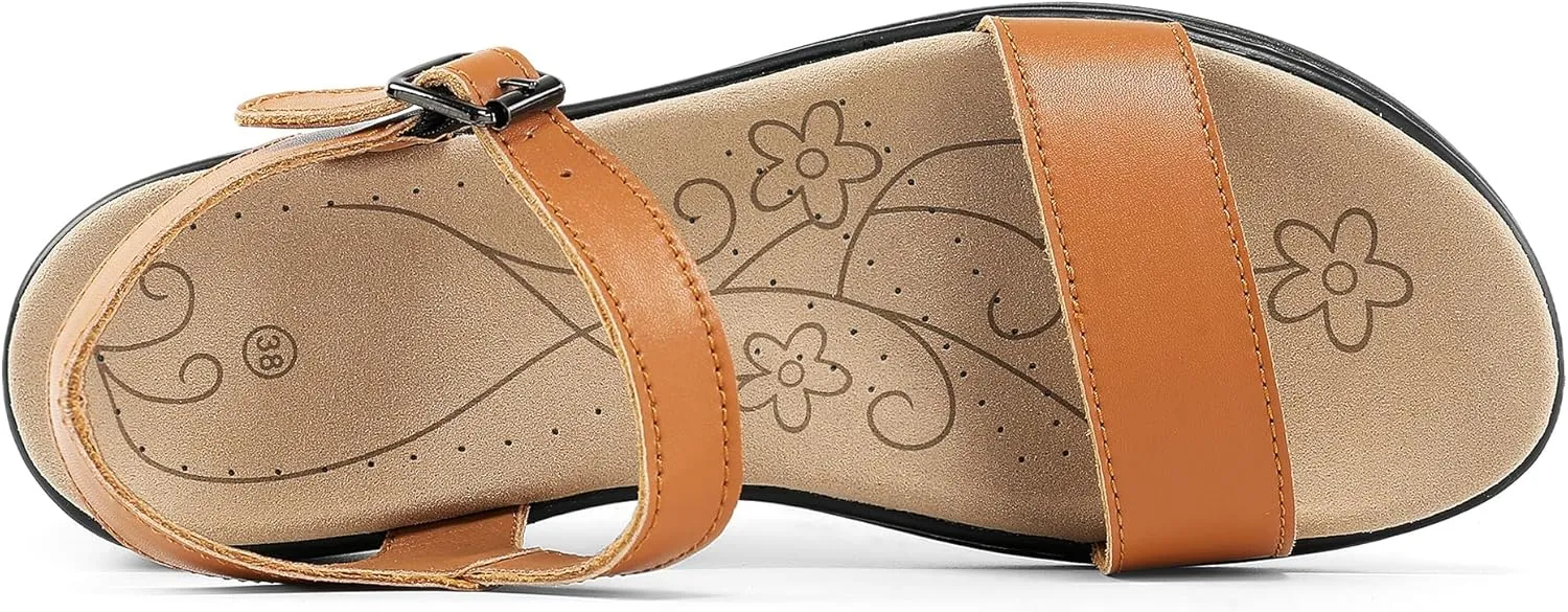 Women's Classic Flat Sandals Leather Open Toes Memory Foam One Band Ankle Strap Adjustable Slip On Shoes
