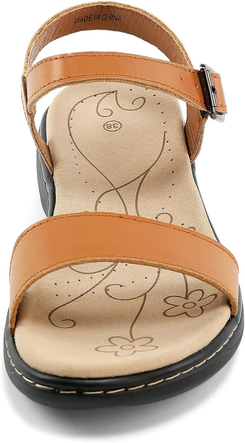 Women's Classic Flat Sandals Leather Open Toes Memory Foam One Band Ankle Strap Adjustable Slip On Shoes