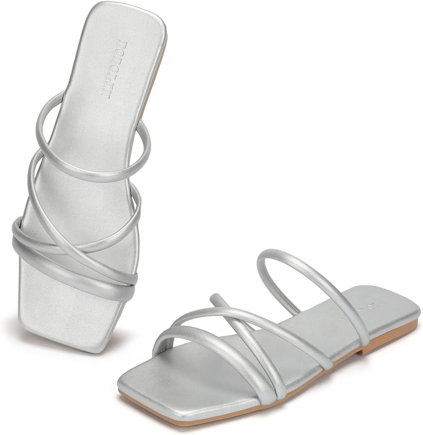 Women's Flat Sandals Strappy Square Open Toe Slide Sandals Dressy Comfortable Wide Feet Friendly