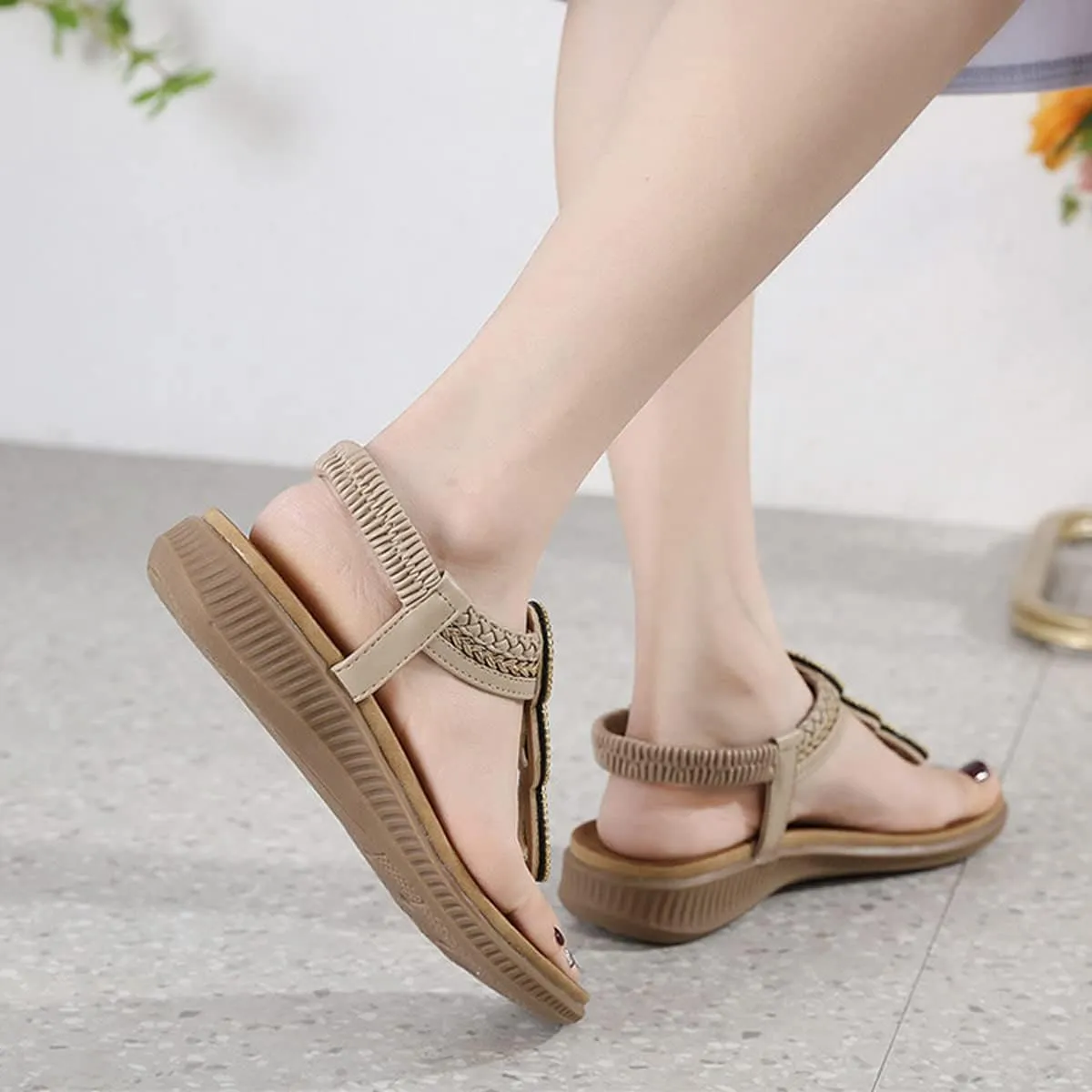 Women's Flat Sandals Summer Bohemia Elastic Ankle T-Strap Thong Flip Flops Casual Comfortable Beach Sandal Shoes
