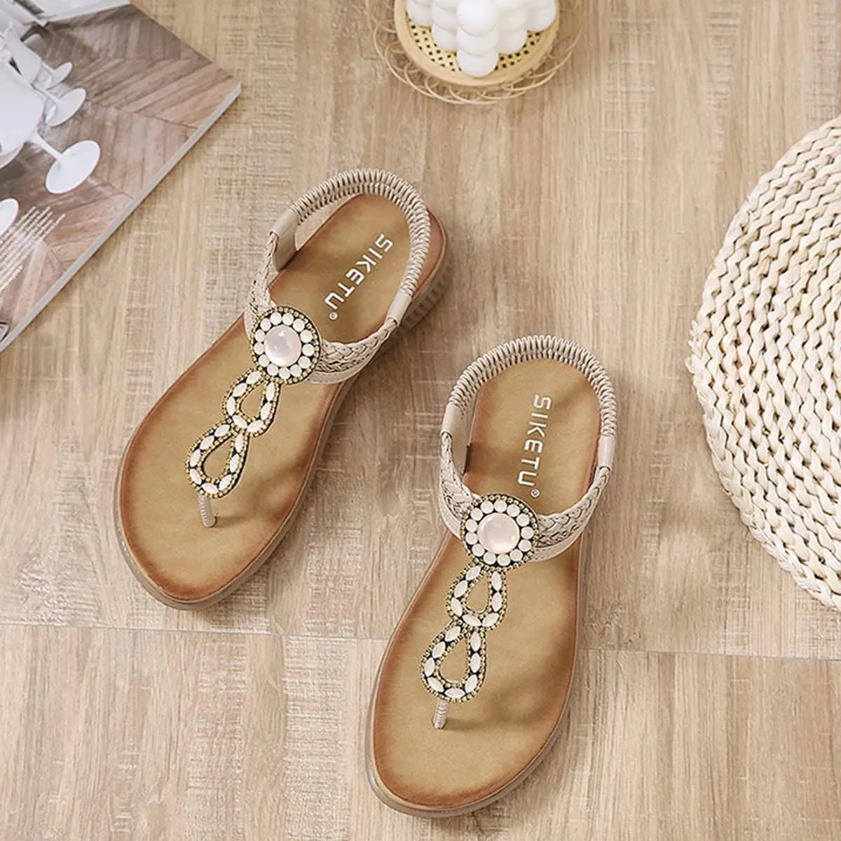 Women's Flat Sandals Summer Bohemia Elastic Ankle T-Strap Thong Flip Flops Casual Comfortable Beach Sandal Shoes