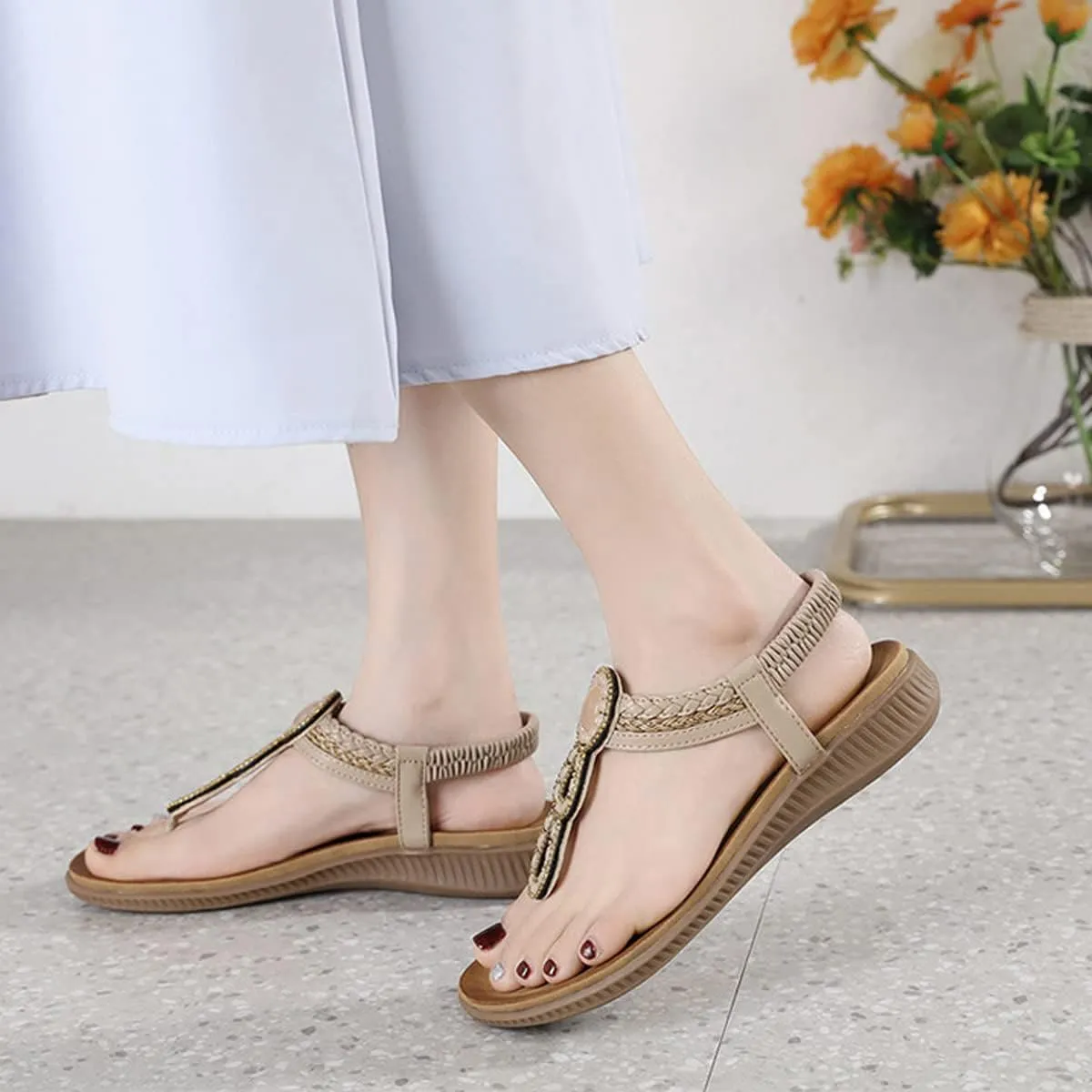 Women's Flat Sandals Summer Bohemia Elastic Ankle T-Strap Thong Flip Flops Casual Comfortable Beach Sandal Shoes