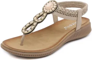 Women's Flat Sandals Summer Bohemia Elastic Ankle T-Strap Thong Flip Flops Casual Comfortable Beach Sandal Shoes