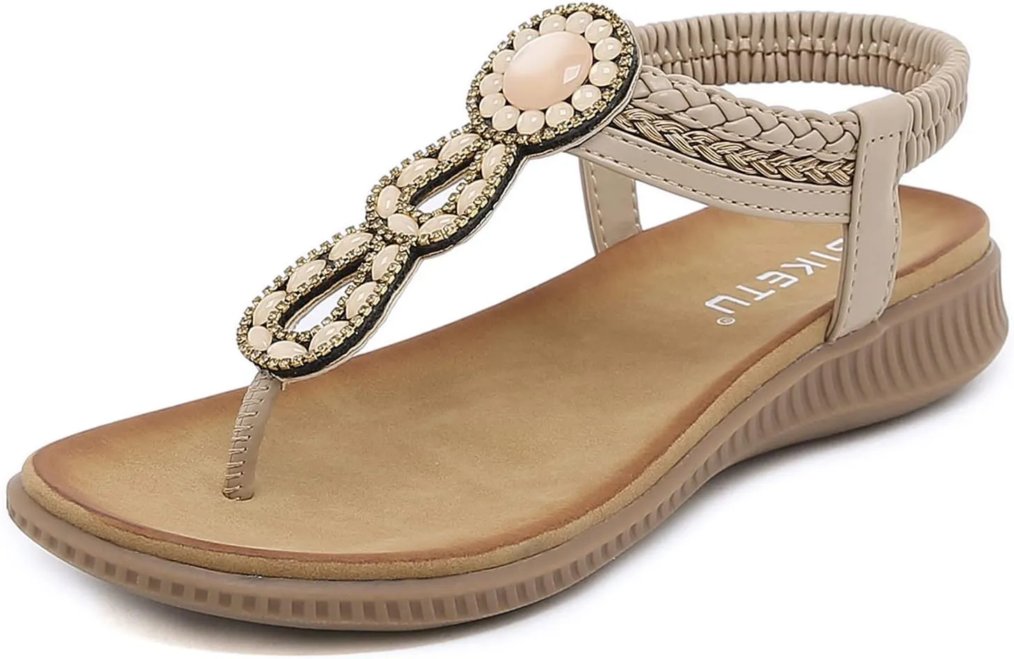 Women's Flat Sandals Summer Bohemia Elastic Ankle T-Strap Thong Flip Flops Casual Comfortable Beach Sandal Shoes