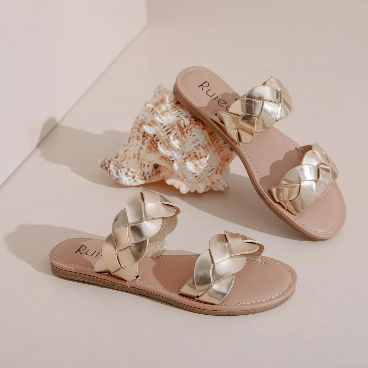Women's Flat Slides Sandals, Summer Slippers Comfortable Braided Strap Round Open Toe Casual Beach Shoes for Women.