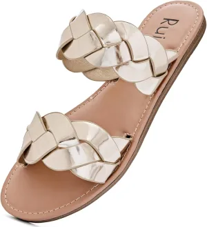 Women's Flat Slides Sandals, Summer Slippers Comfortable Braided Strap Round Open Toe Casual Beach Shoes for Women.