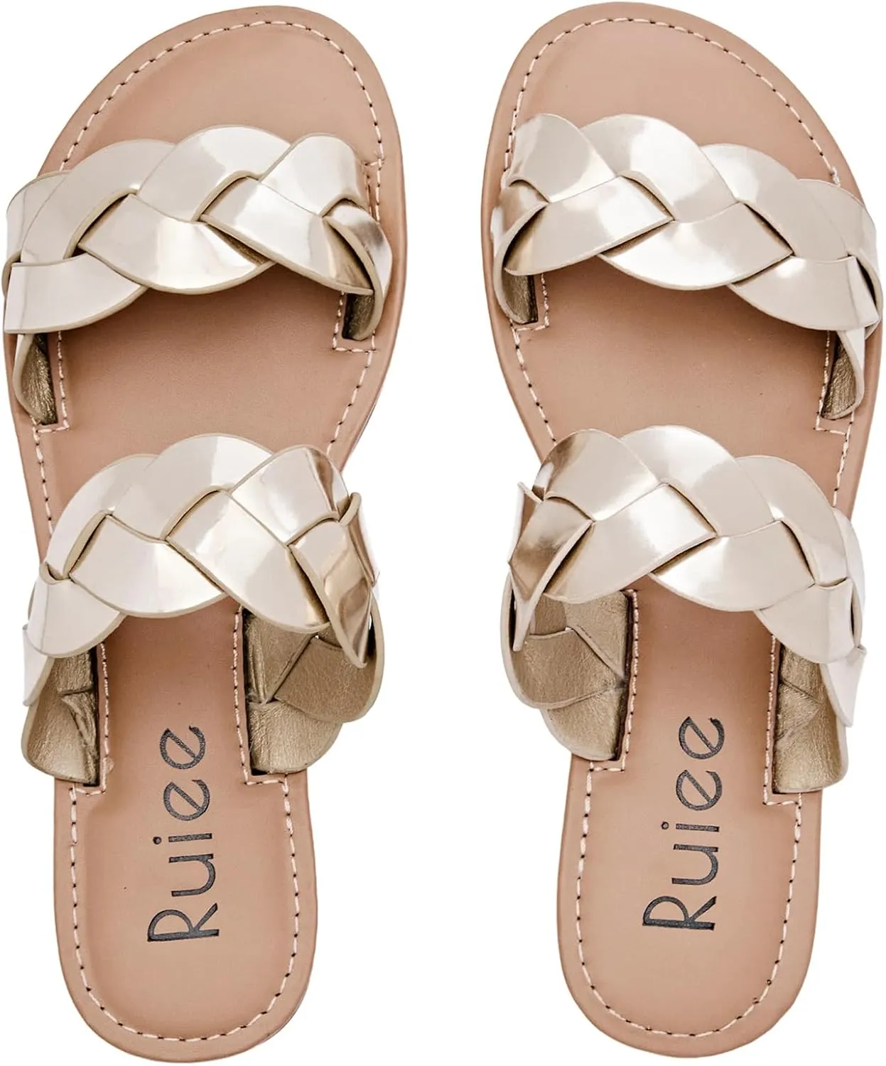 Women's Flat Slides Sandals, Summer Slippers Comfortable Braided Strap Round Open Toe Casual Beach Shoes for Women.