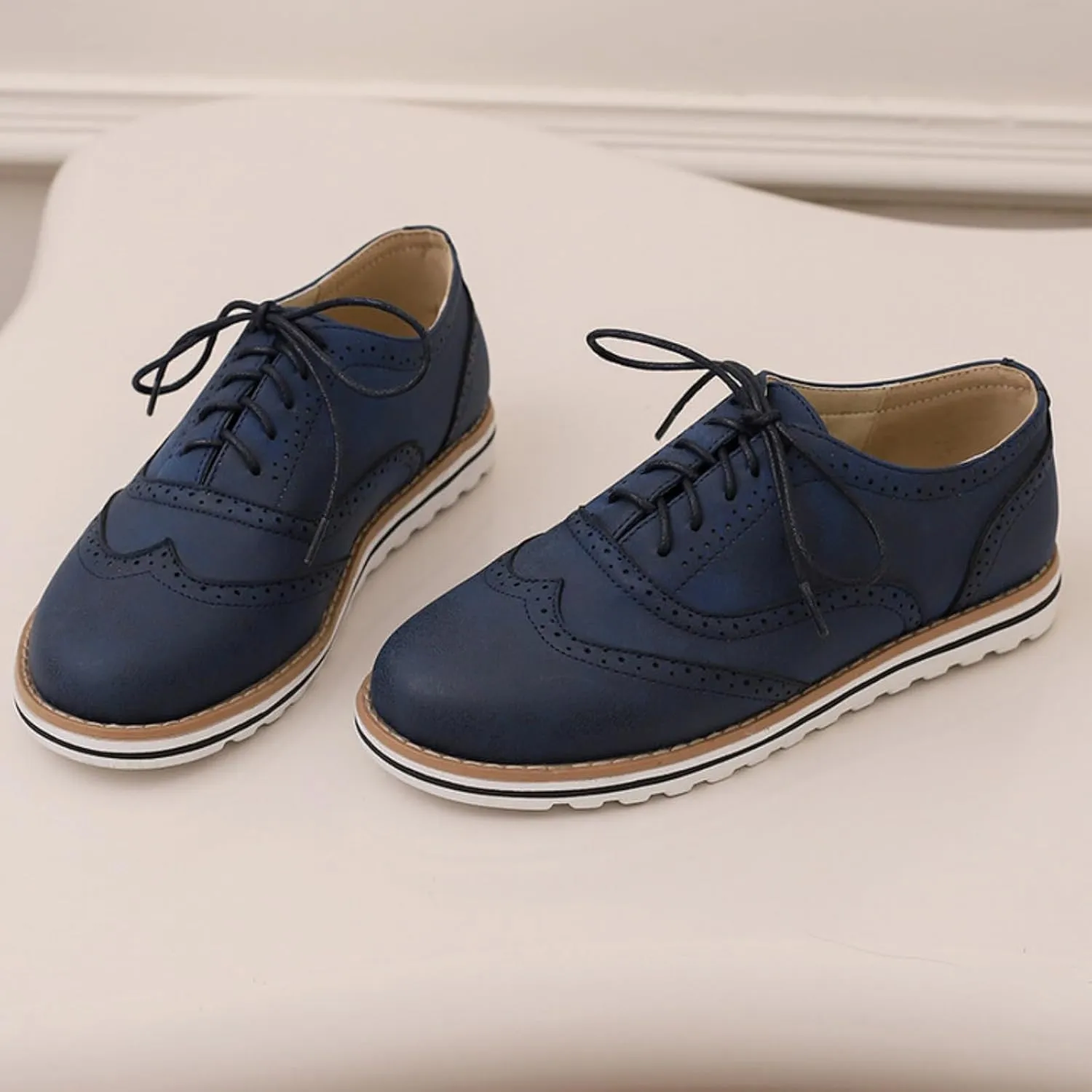 Women's Flats Lace-Up Oxfords Shoes Round Toe Low Platform Wingtip Brogues Classic Comfortable Derby Saddle Pumps