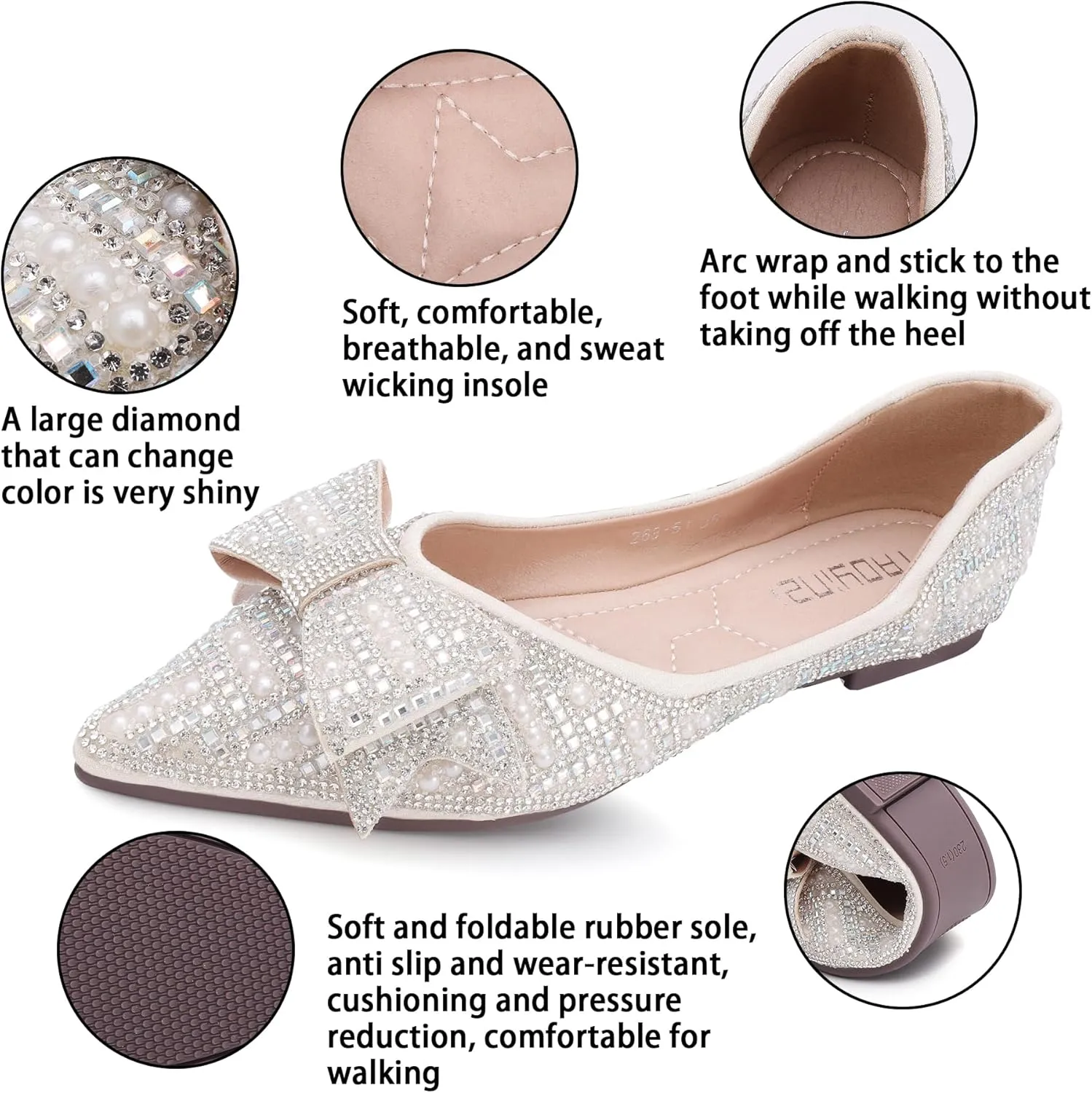 Women's Flats Rhinestone Wedding Pointed Shoes Sparkly Comfortable Slip on Flat for Dressy or Casual