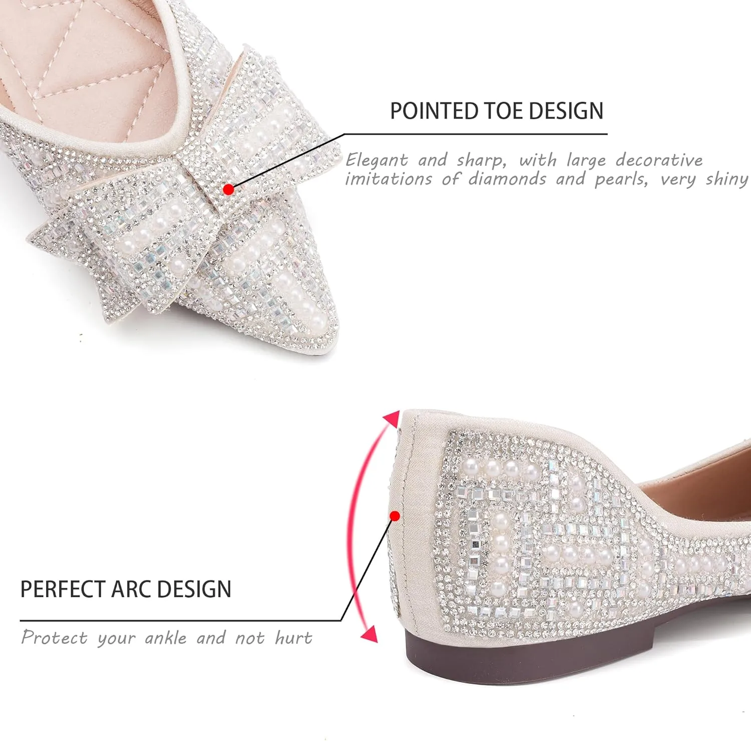 Women's Flats Rhinestone Wedding Pointed Shoes Sparkly Comfortable Slip on Flat for Dressy or Casual