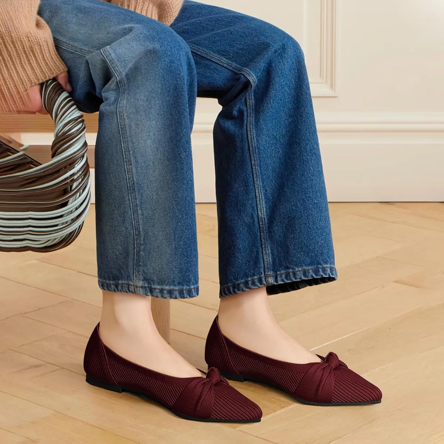 Women's Flats Shoes Comfortable Dressy Pointed Toe Knit Washable Ballet Flat