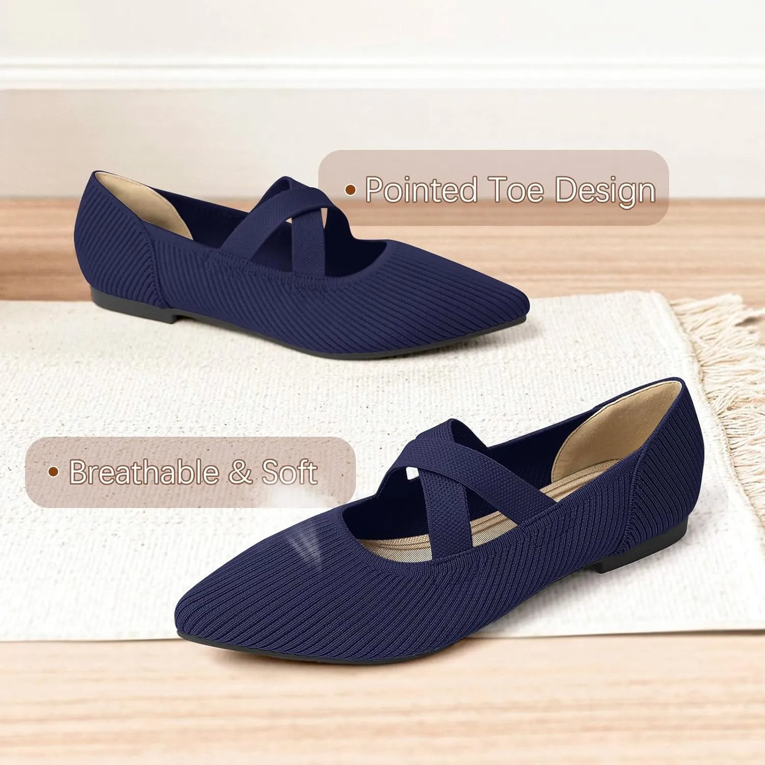 Women's Flats Shoes Pointed Toe Knit Washable Comfortable Dressy Mary Jane Ballet Flat with Strap