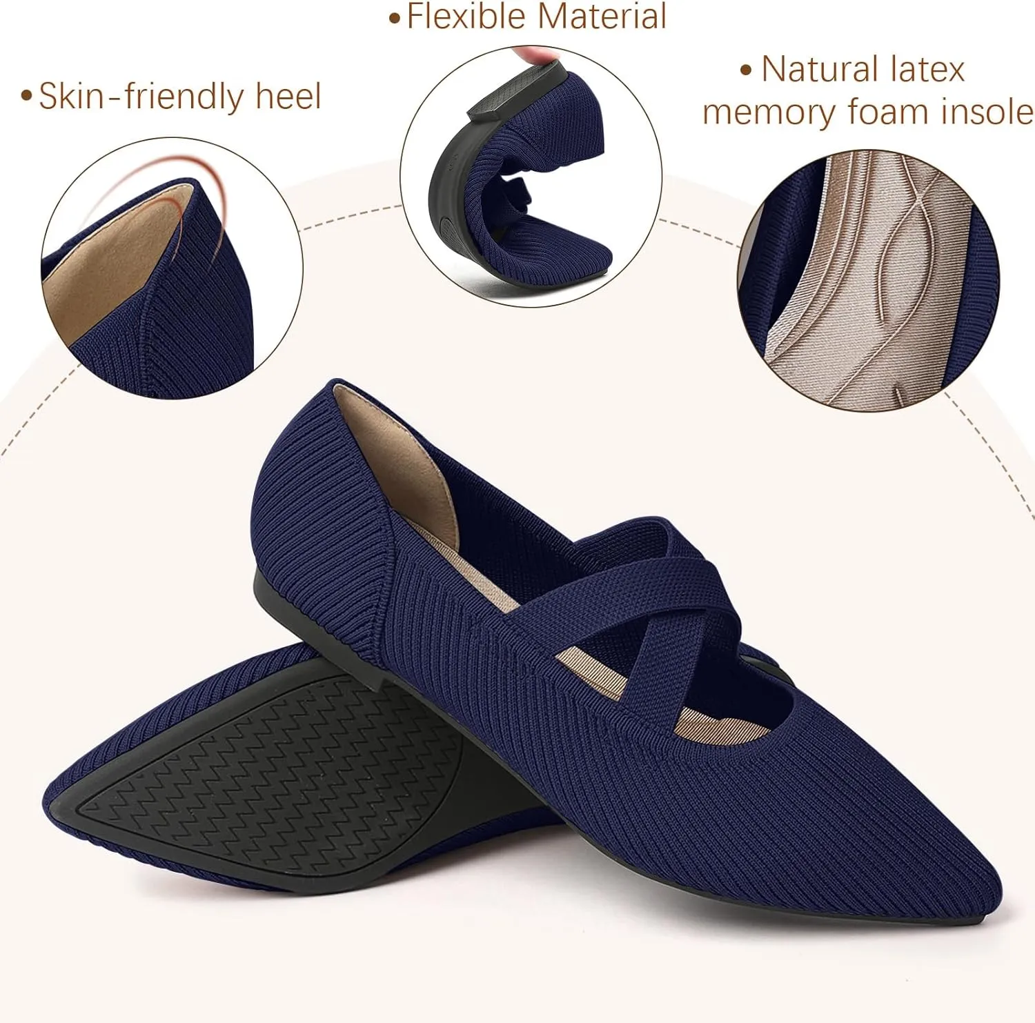 Women's Flats Shoes Pointed Toe Knit Washable Comfortable Dressy Mary Jane Ballet Flat with Strap
