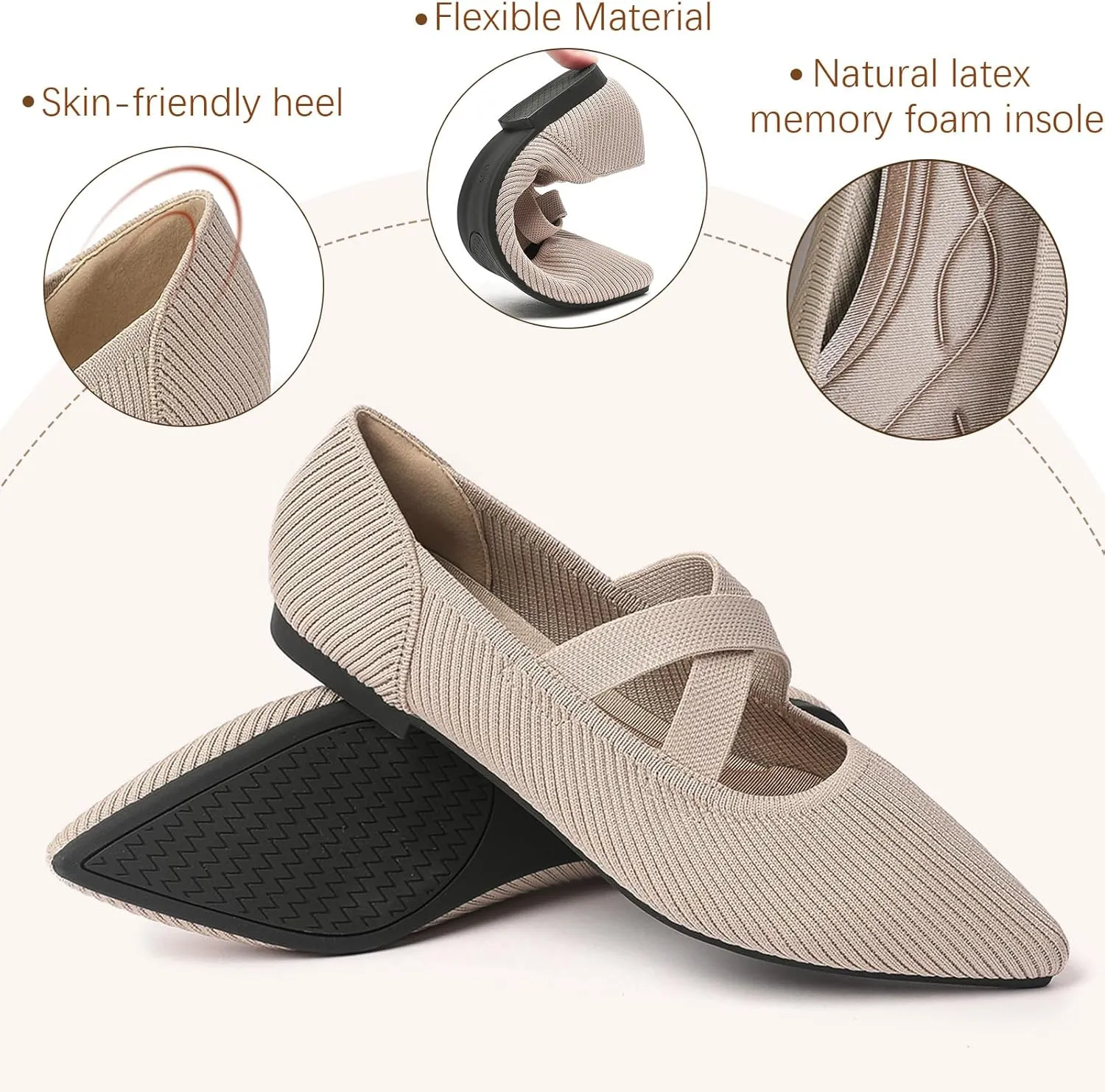 Women's Flats Shoes Pointed Toe Knit Washable Comfortable Dressy Mary Jane Ballet Flat with Strap