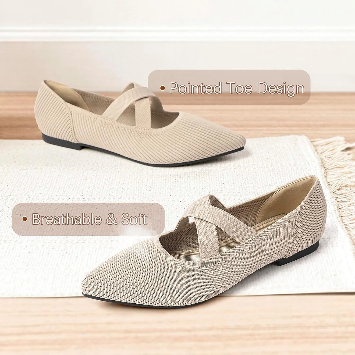 Women's Flats Shoes Pointed Toe Knit Washable Comfortable Dressy Mary Jane Ballet Flat with Strap