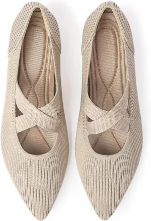 Women's Flats Shoes Pointed Toe Knit Washable Comfortable Dressy Mary Jane Ballet Flat with Strap