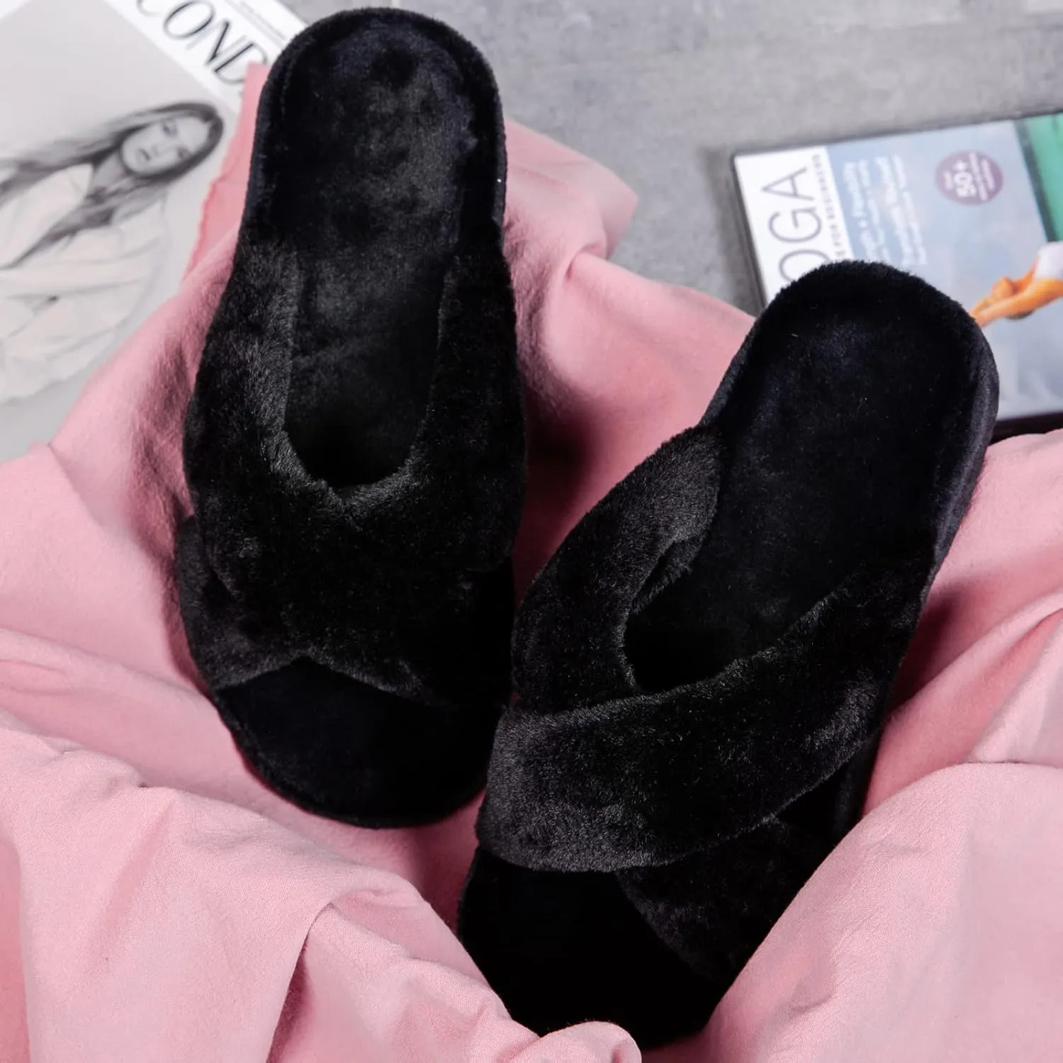 Womens Fuzzy Cross Band Slippers with Orthotic Insole Arch Support, Comfortable Spa Plush House Slippers for Plantar Fasciitis, Foot and Heel Pain, Recovery Slippers for Women