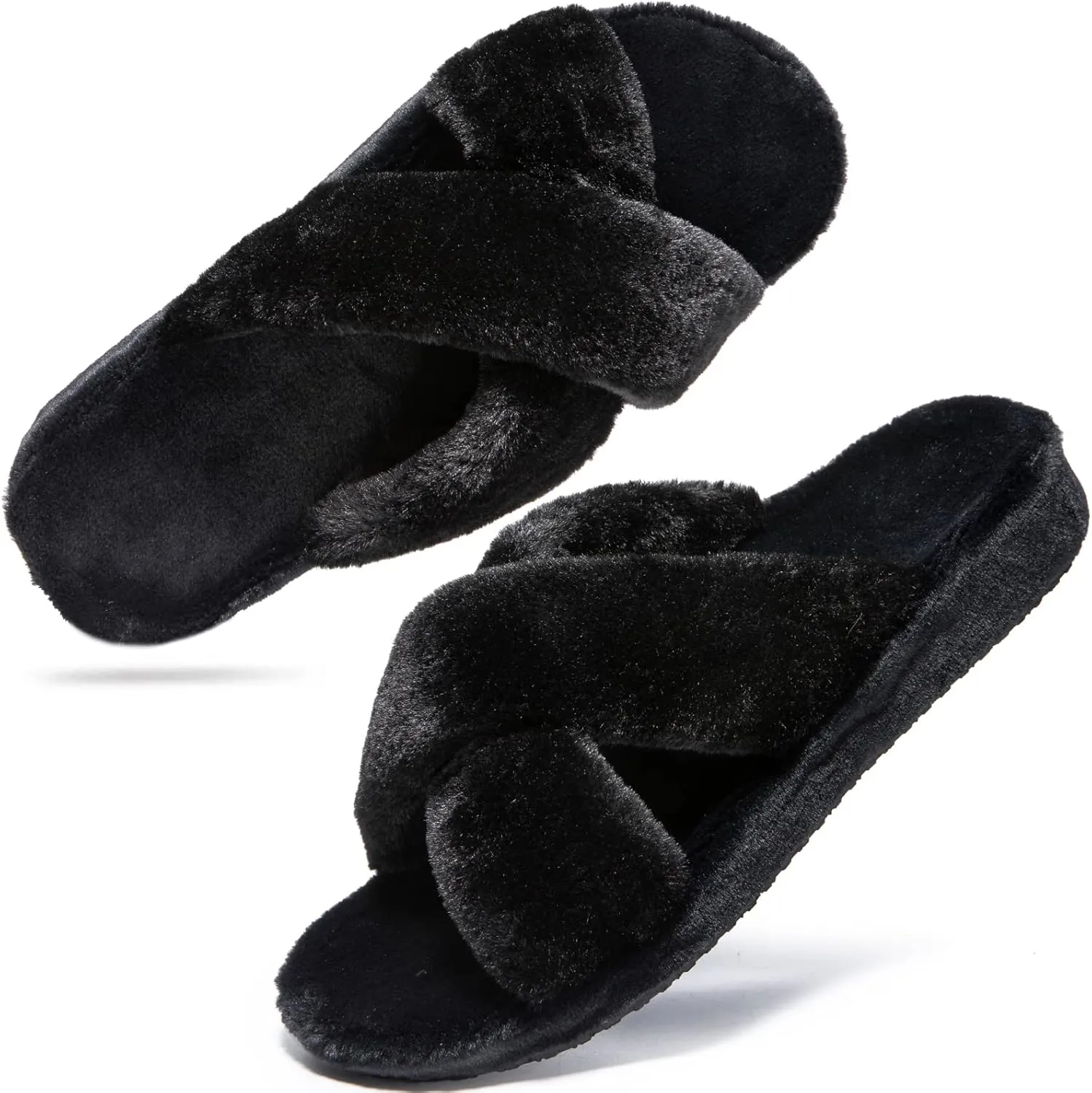 Womens Fuzzy Cross Band Slippers with Orthotic Insole Arch Support, Comfortable Spa Plush House Slippers for Plantar Fasciitis, Foot and Heel Pain, Recovery Slippers for Women
