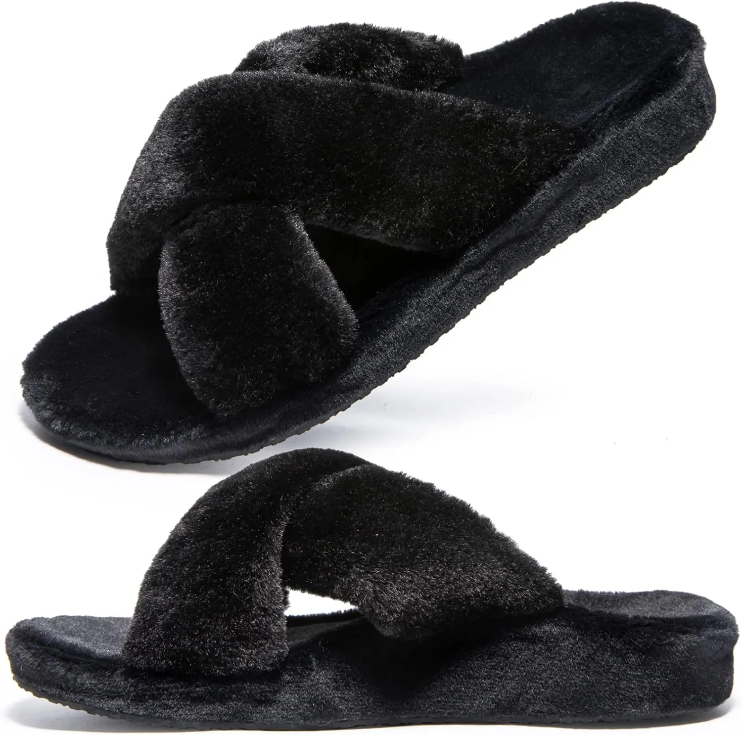 Womens Fuzzy Cross Band Slippers with Orthotic Insole Arch Support, Comfortable Spa Plush House Slippers for Plantar Fasciitis, Foot and Heel Pain, Recovery Slippers for Women