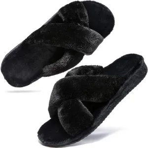 Womens Fuzzy Cross Band Slippers with Orthotic Insole Arch Support, Comfortable Spa Plush House Slippers for Plantar Fasciitis, Foot and Heel Pain, Recovery Slippers for Women