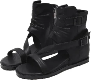 Women's Leather High Top Internal Increase Rome Sandals Boots Fashion Breathable Adjustable Buckle Strap Round Open Toe Flat Gothic Y2k Comfortable Non-Slip Party Casual Sandals